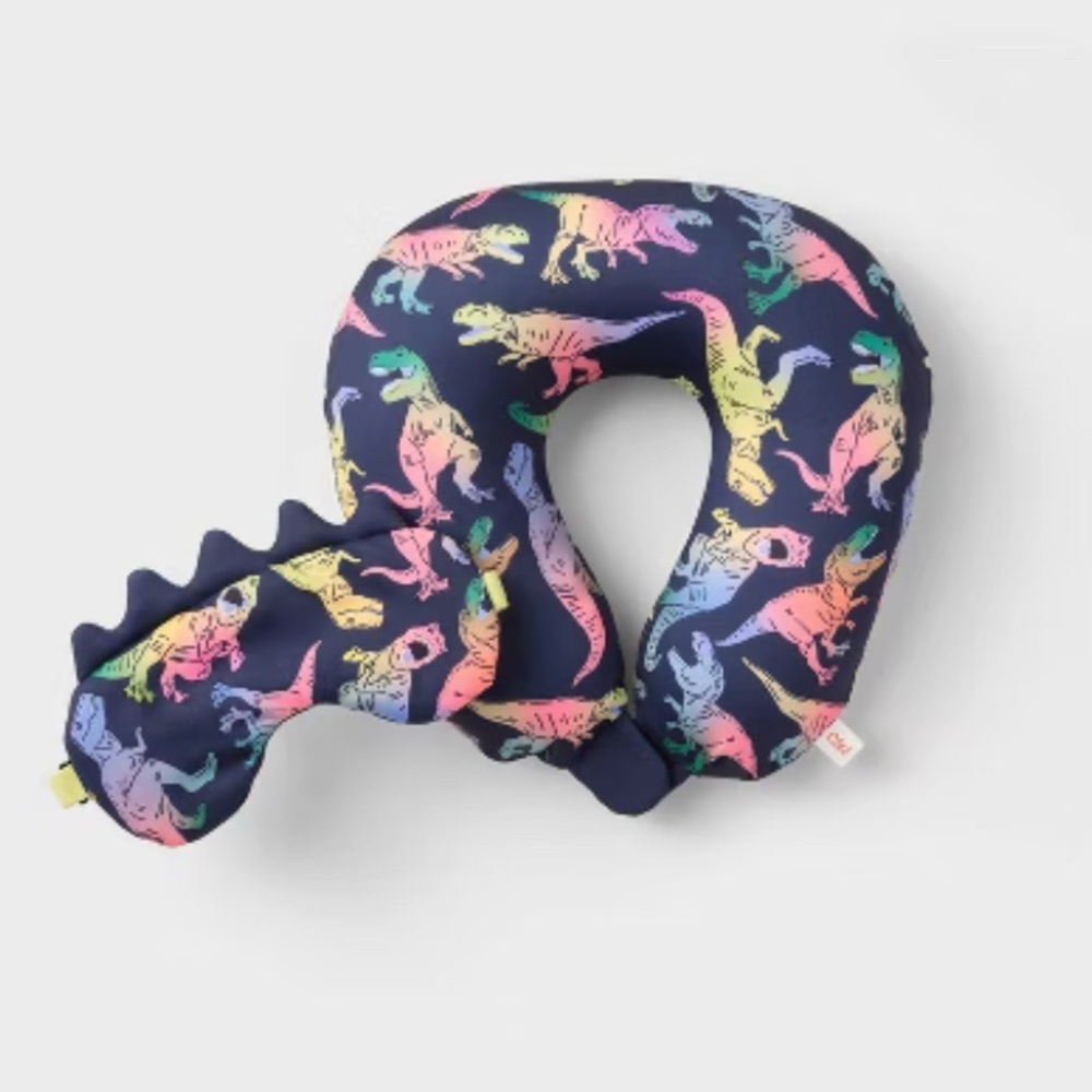 Cat & Jack Kids' Dino Travel Neck Pillow and Eye Mask Set NEW